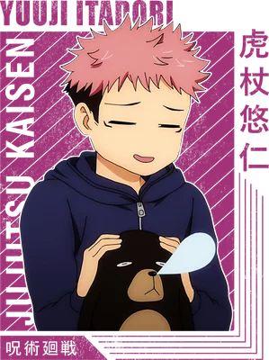 Hình ảnh Yuji Itadori từ Jujutsu Kaisen ôm một chú gấu trúc đen với biểu cảm buồn ngủ, phong cách anime.