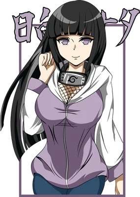 Hình ảnh Hinata Hyuga, nhân vật anime, mặc áo hoodie tím và trắng, đeo băng đô lá.