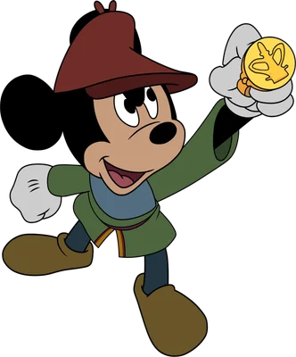 Mickey Mouse hoạt hình trong trang phục thám hiểm màu xanh lá, đội mũ đỏ, đang giơ cao đồng xu vàng trên nền xám.