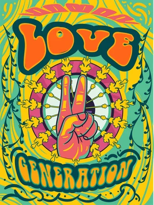 Hình ảnh biểu tượng "Love Generation" với bàn tay giơ hai ngón theo ký hiệu hòa bình, nền màu sắc rực rỡ phong cách thập niên 60-70.