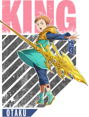 Hình ảnh nhân vật King từ anime The Seven Deadly Sins, mặc trang phục xanh vàng, cầm giáo vàng uy lực.