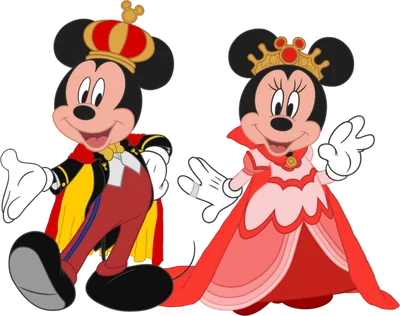 Mickey Mouse và Minnie Mouse trong trang phục vua và hoàng hậu màu đỏ vàng, phong cách hoạt hình Disney.