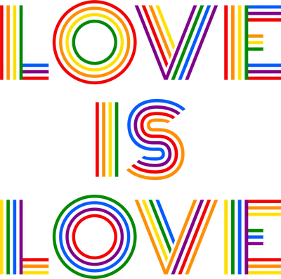 Dòng chữ "Love is Love" với các chữ cái được tạo thành từ các sọc màu cầu vồng.