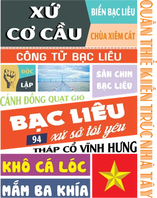 Hình ảnh collage về Bạc Liêu với các địa danh nổi tiếng như Cánh đồng quạt gió, Chùa Xiêm Cán, Công tử Bạc Liêu và đặc sản Khô cá lóc, Mắm ba khía, cùng lá cờ Việt Nam.