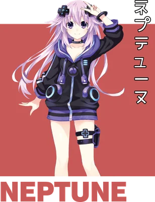 Hình ảnh cô gái anime tóc tím dài, mặc áo hoodie đen tím, đeo choker, tạo dáng chữ V bằng tay, có chữ NEPTUNE.