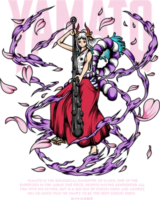 Hình ảnh Yamato từ anime One Piece, cầm vũ khí, bao quanh bởi khói tím và cánh hoa anh đào.