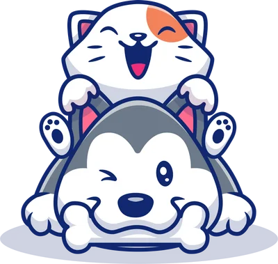Hình ảnh minh họa chú mèo trắng cam và chú chó Husky cưng đang vui đùa, mèo nằm trên chó.