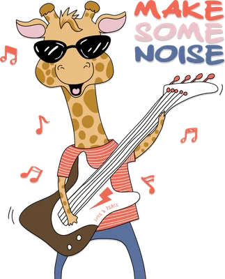 Hình vẽ hươu cao cổ đeo kính đen đang chơi đàn guitar điện với dòng chữ Make Some Noise