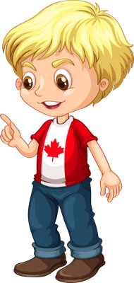 Hình vẽ hoạt hình một cậu bé tóc vàng, mặc áo phông đỏ trắng in lá phong Canada, quần xanh và giày nâu, đang giơ ngón tay lên.