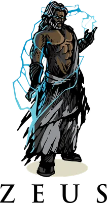 Hình vẽ thần Zeus với râu dài, cơ bắp, tay cầm sấm sét xanh, chữ ZEUS bên dưới.