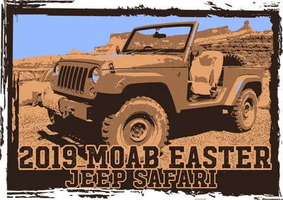Vintage poster of tan Jeep convertible in desert landscape with 2019 Moab Easter Jeep Safari text