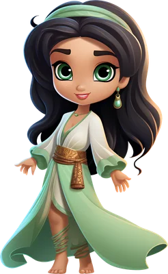 Hình ảnh nàng công chúa hoạt hình chibi tóc đen, mắt xanh lá, mặc váy trắng xanh mint và thắt lưng vàng, mỉm cười thân thiện.