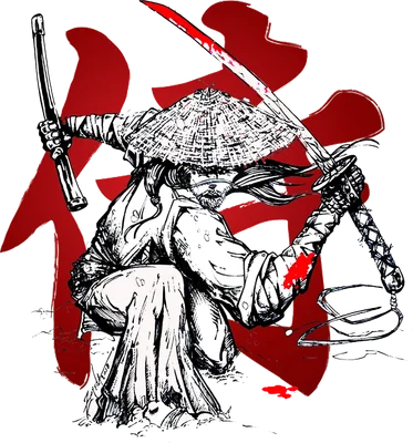 Hình vẽ chiến binh Samurai trong tư thế chiến đấu, tay cầm kiếm Nhật, có vết máu trên kiếm và trang phục, nền xám với chữ Hán đỏ.
