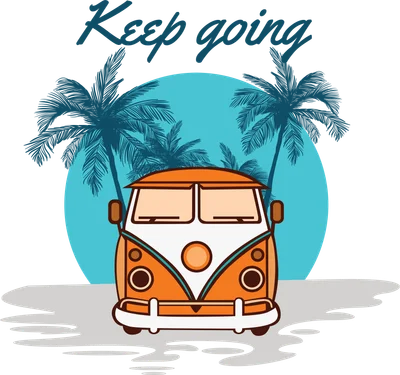 Hình minh họa xe van cổ màu cam trắng trên bãi biển với cây dừa và dòng chữ 'Keep going'