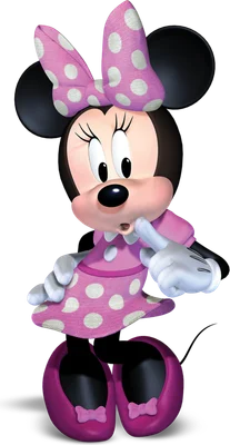 Minnie Mouse hoạt hình đáng yêu mặc váy hồng chấm bi trắng, tay đặt lên cằm với biểu cảm ngạc nhiên trên nền xám.