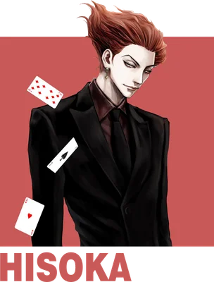 Hình vẽ nhân vật Hisoka trong bộ suit đen, tóc đỏ, với các lá bài tây bay xung quanh.