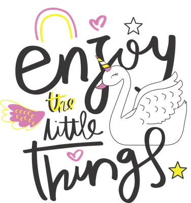 Hình vẽ thiên nga kỳ lân trắng dễ thương, cầu vồng, trái tim và chữ 'enjoy the little things' trên nền xám.