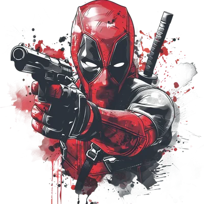 Hình ảnh Deadpool mặc trang phục đỏ đen, cầm súng chĩa thẳng, với hiệu ứng màu bắn tung tóe đỏ và đen.