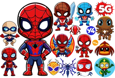 Tập hợp các nhân vật Spider-Man phiên bản chibi dễ thương với nhiều biểu cảm và trang phục khác nhau.