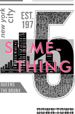 Hình in chữ Urban Something Denim màu hồng trắng trên nền xám với hình ảnh thành phố và các quận New York.