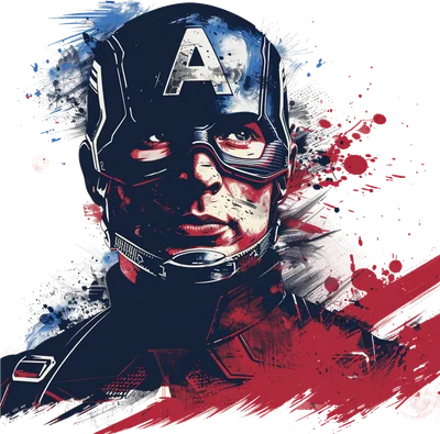 Hình minh họa Captain America với mũ chữ A, phong cách splatter art màu đỏ và xanh trên nền xám.