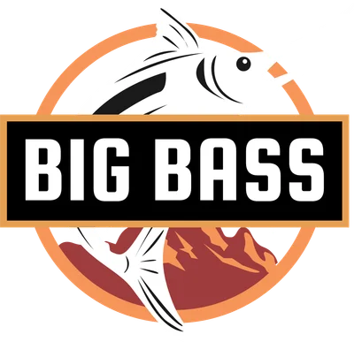 Logo hình cá marlin trắng với dòng chữ "BIG BASS" màu trắng trên nền đen, có vòng tròn cam và hình núi đỏ phía sau.