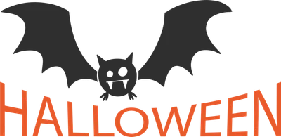 Hình ảnh minh họa dơi Halloween màu đen với đôi cánh dang rộng, phía dưới là chữ "HALLOWEEN" màu cam trên nền xám.