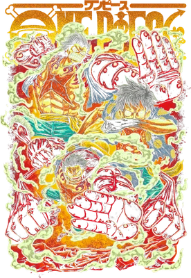 Hình ảnh Luffy trong trạng thái Gear 4 với các đòn tấn công mạnh mẽ, bao quanh bởi khói và lửa, phong cách anime.