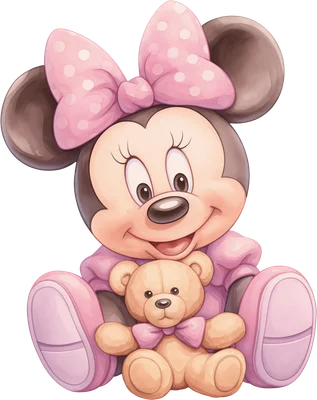 Hình ảnh Minnie Mouse bé con ngồi ôm gấu bông màu hồng, phong cách hoạt hình dễ thương, nền trong suốt.