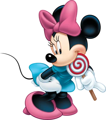 Minnie Mouse hoạt hình dễ thương mặc váy xanh, đeo nơ hồng, đang cầm và liếm kẹo mút xoắn ốc đỏ trắng.