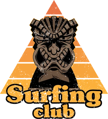 Hình minh họa mặt nạ Tiki cổ điển với dòng chữ Surfing Club trên nền tam giác cam