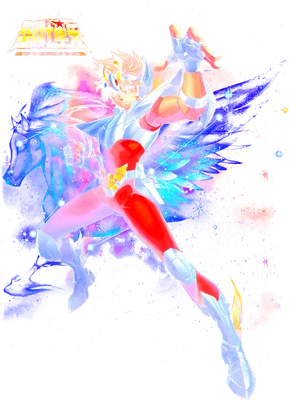 Hình ảnh Seiya Pegasus trong bộ giáp màu đỏ trắng, với hiệu ứng ánh sáng xanh tím và hình ảnh ngựa Pegasus phía sau.