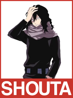 Hình vẽ nhân vật Shota Aizawa trong anime My Hero Academia, tóc đen, đeo khăn, tay đặt lên trán.