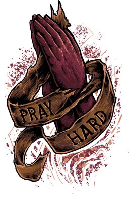 Hình ảnh đôi tay chắp lại cầu nguyện, quấn quanh bởi dải băng có chữ "Pray Hard", phong cách Gothic.