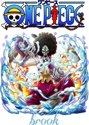 Nhân vật Brook trong One Piece với bộ xương và hiệu ứng băng lửa bao quanh, chữ 'brook' ở dưới.