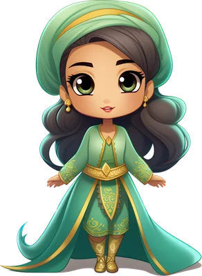 Hình ảnh công chúa chibi dễ thương với trang phục xanh ngọc và turban vàng, mắt xanh lá, tóc nâu