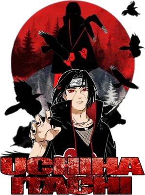 Hình ảnh Itachi Uchiha từ Naruto, với quạ bay và mặt trăng đỏ phía sau, chữ Uchiha Itachi bên dưới.