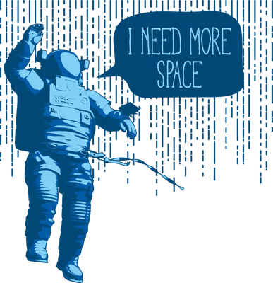 Hình ảnh phi hành gia màu xanh dương, đang giơ tay và có bong bóng thoại ghi "I NEED MORE SPACE"