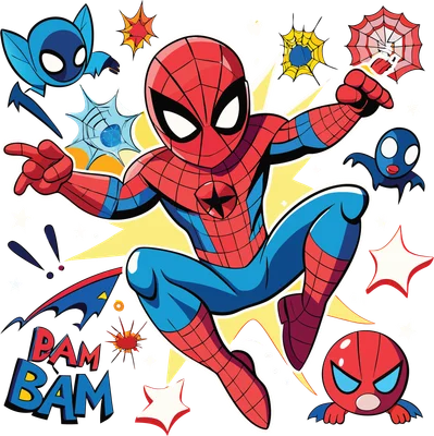Hình vẽ hoạt hình Người Nhện nhí nhảnh, có các nhân vật phụ và hiệu ứng hành động.