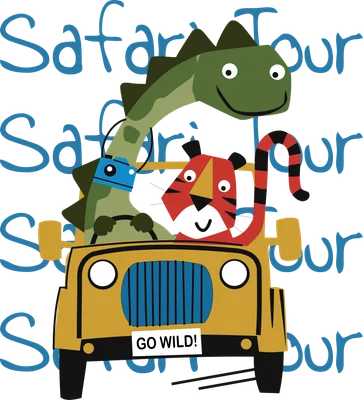 Hình ảnh hoạt hình khủng long xanh lá và hổ vằn đỏ lái xe jeep màu vàng, có chữ 'GO WILD!'