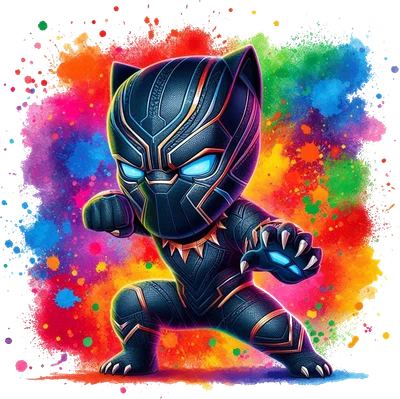 Hình ảnh chibi Black Panther trong trang phục đen vàng, mắt xanh sáng, tạo dáng chiến đấu trên nền màu nước bắn tung tóe rực rỡ.