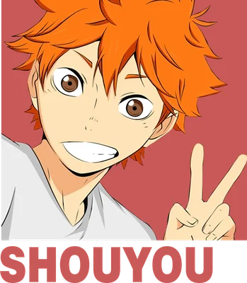 Hình ảnh nhân vật anime Shoyo Hinata với mái tóc cam, cười tươi và giơ hai ngón tay tạo dáng chữ V.