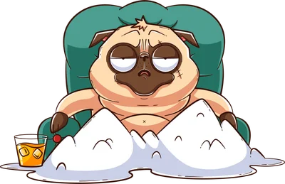 Hình ảnh hoạt hình chó Pug ngồi trên ghế, vẻ mặt lười biếng, bên cạnh ly nước và đống tuyết tan chảy.