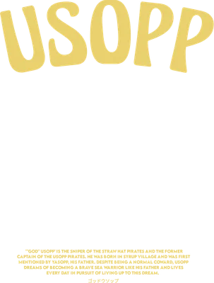 Hình ảnh chữ 'USOPP' màu vàng nổi bật trên nền xám, kèm theo mô tả về nhân vật Usopp.