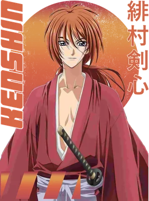 Hình ảnh Kenshin Himura, nhân vật anime samurai tóc đỏ, mặc kimono đỏ, cầm kiếm.