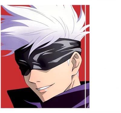 Hình ảnh nhân vật Gojo Satoru từ anime Jujutsu Kaisen với mái tóc trắng, bịt mắt đen và nụ cười bí ẩn.