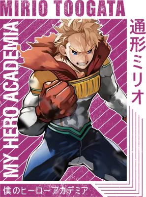 Hình ảnh Mirio Togata từ My Hero Academia với biểu cảm quyết tâm, trang phục anh hùng màu đỏ, vàng, xám và xanh.