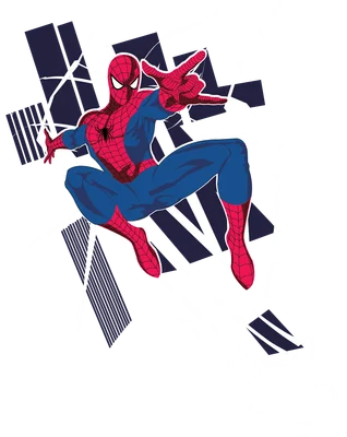 Hình ảnh hoạt hình Spider-Man đang bay lượn, tung lưới với biểu cảm mạnh mẽ trên nền xám.