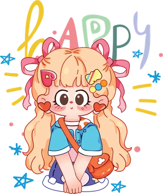 Hình vẽ cô bé tóc vàng buộc hai bím tóc với nơ hồng, đeo túi cam, mặc áo xanh, chữ 'HAPPY' phía sau.