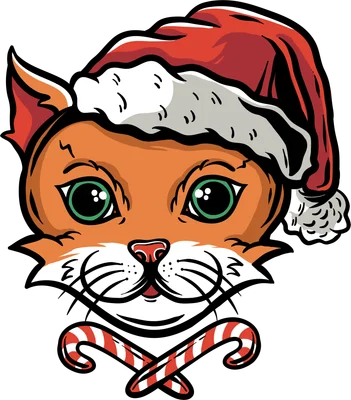 Hình minh họa đầu mèo cam đội mũ Noel và kẹo gậy, phong cách hoạt hình đáng yêu